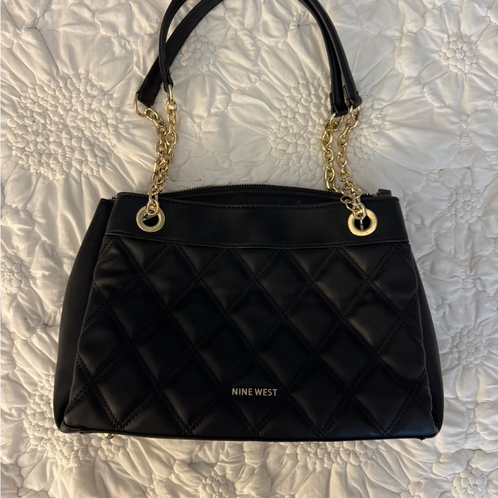 Nine West Black Quilted Shoulder Bag with Gold Accents